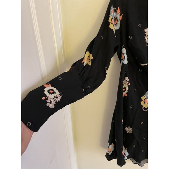 Free People Dress Womens 8 Black Mini Flowers Long Sleeve Cut Out Bohemian - Picture 5 of 9
